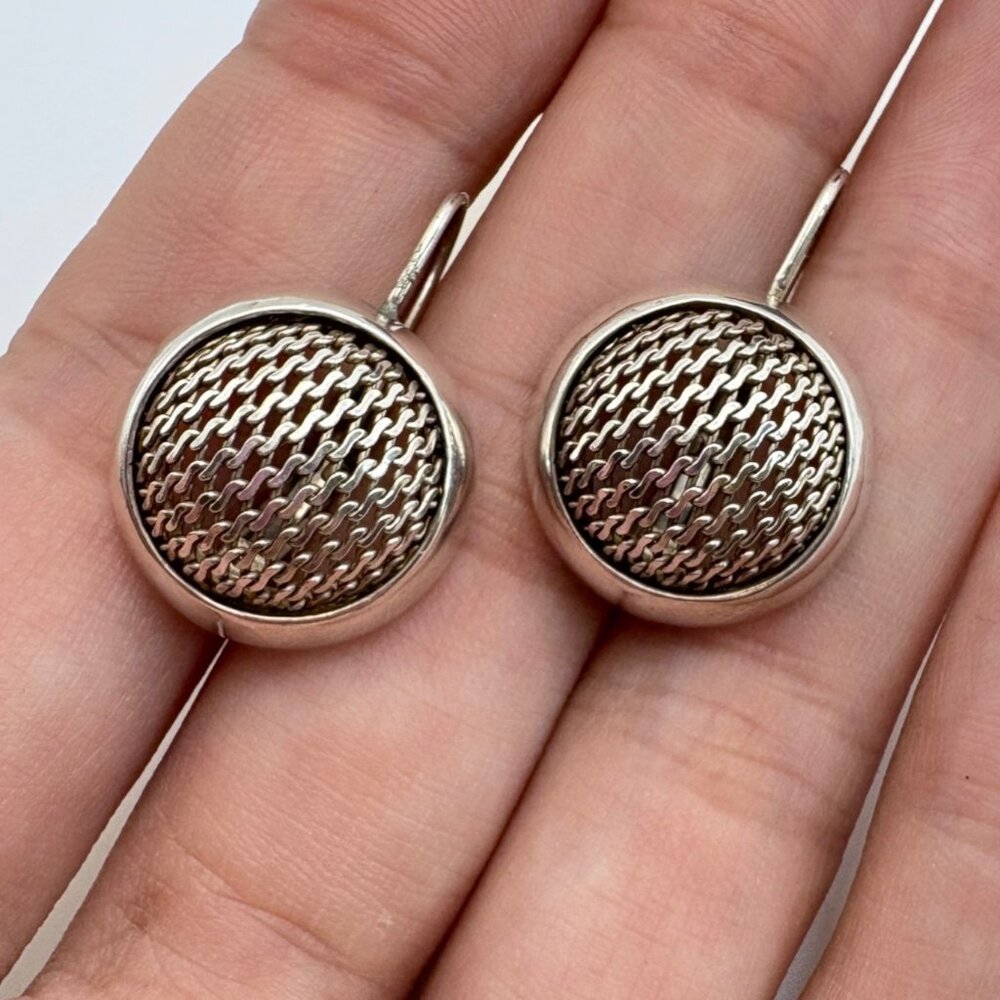 Mesh Design Circle Dangle Earrings A.S. Hallmark VTG Sterling Silver 925 1.2" L